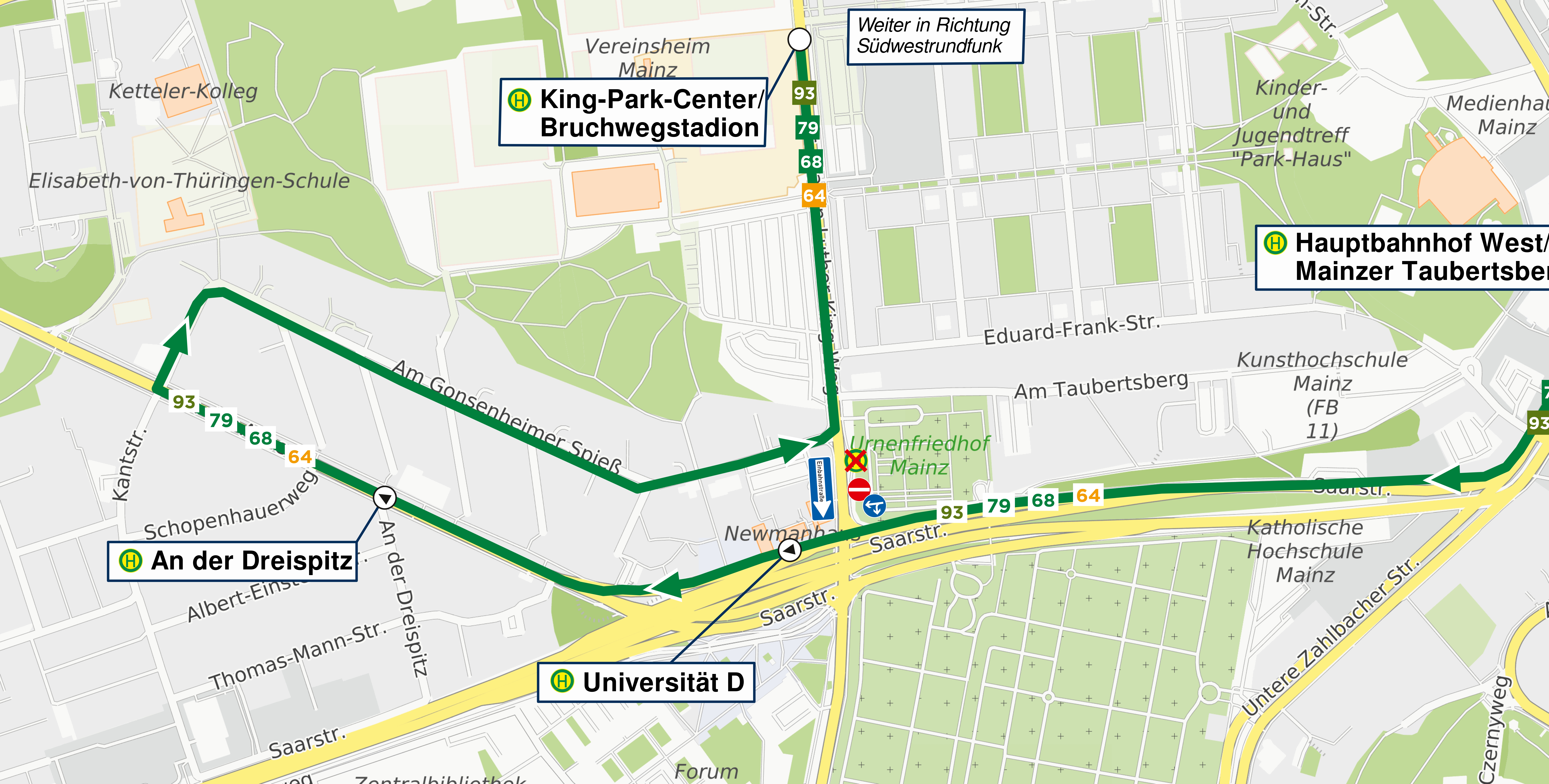 Skizze der Umleitungen der Linien 64, 68, 79 und 93 in Phase 2