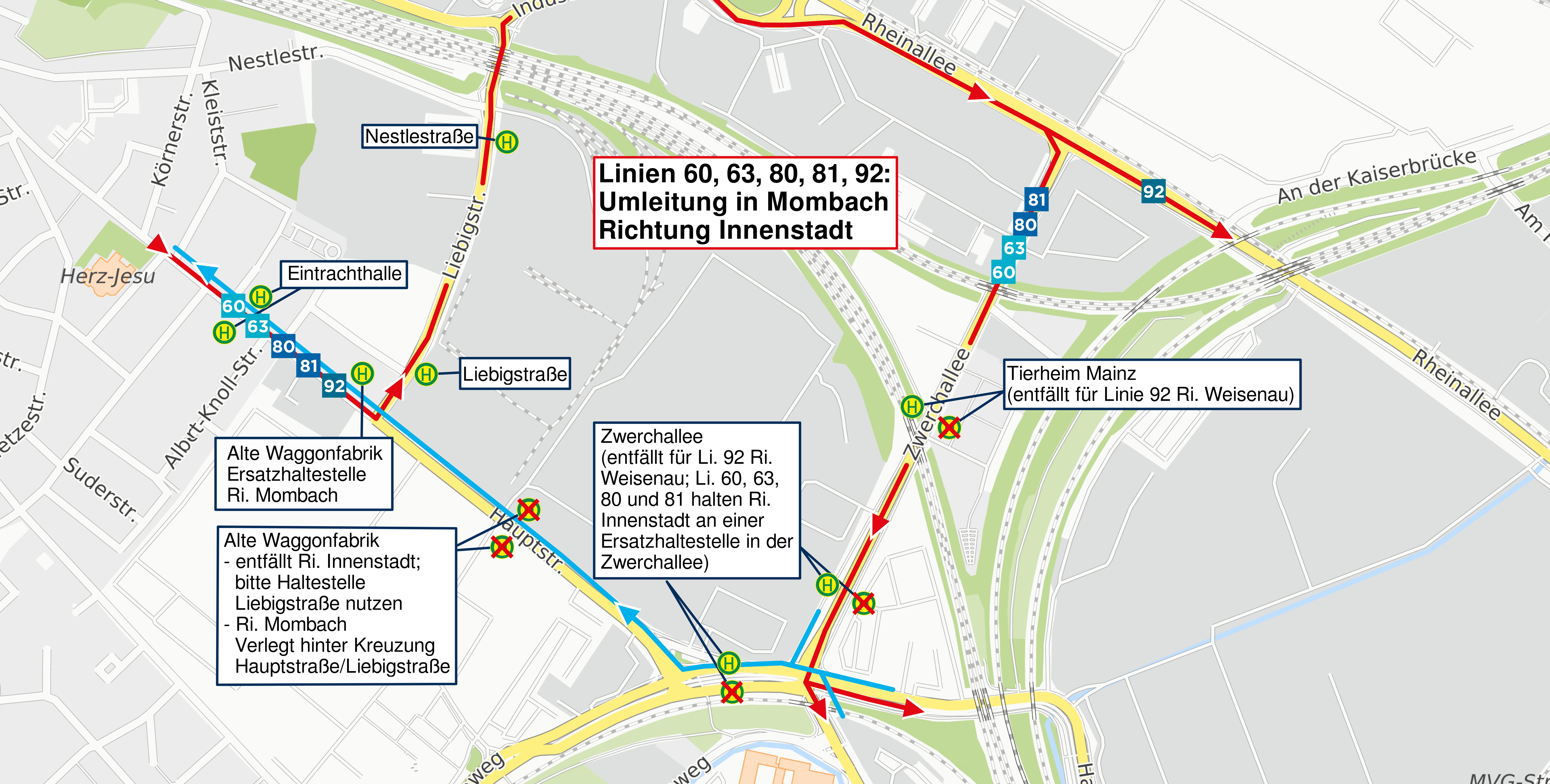Umleitungsskizze waehrend der Sperrung der Hauptstrasse in Mombach ab 28-07-2025