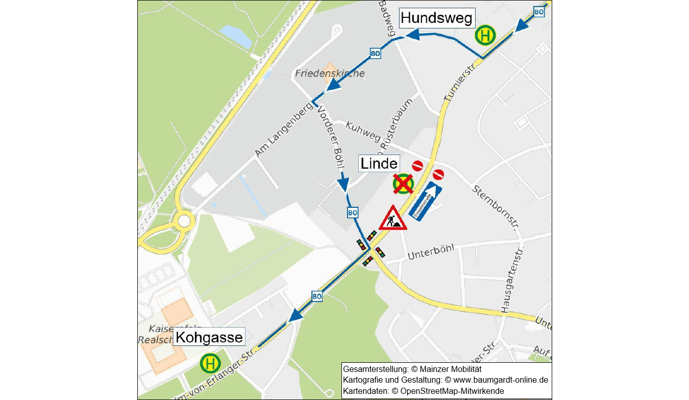 Umleitungsskizze Linie 80 in Ingelheim