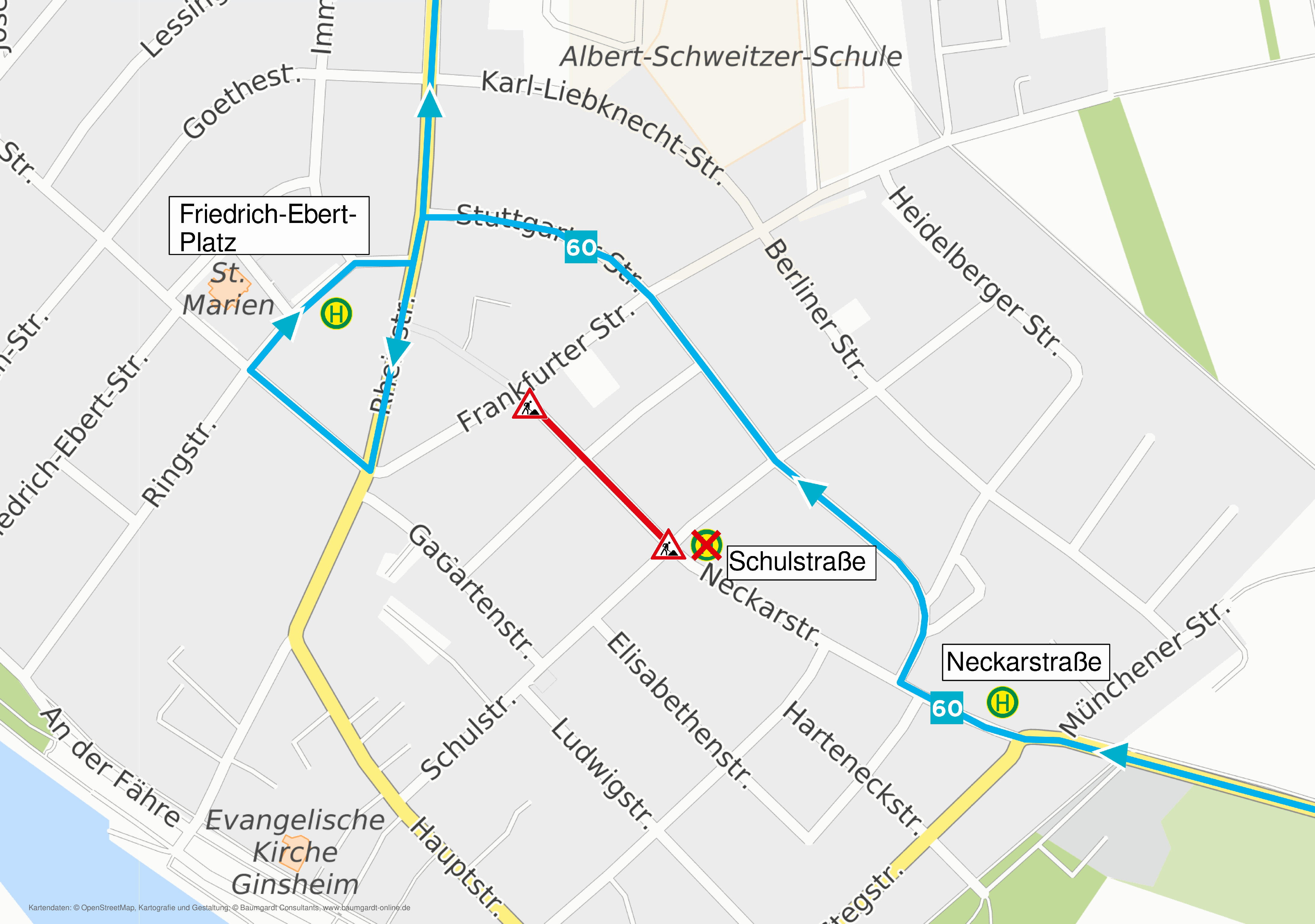 Umleitungsskizze der Linie 60 wegen Sperrung der Neckarstraße in GiGu