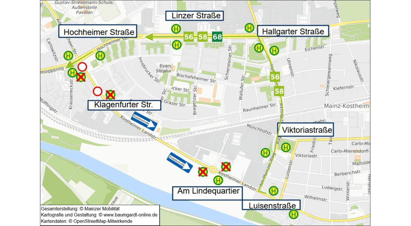 Umleitungsskizze der Linien 56 und 58 in Kostheim