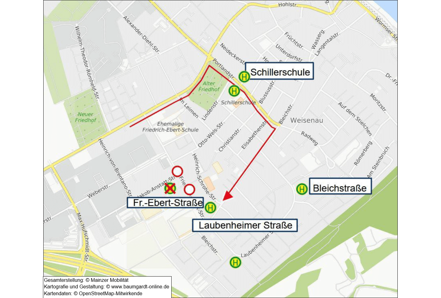 Umleitungsskizze der Linien 62 und 92 in Mainz Weisenau