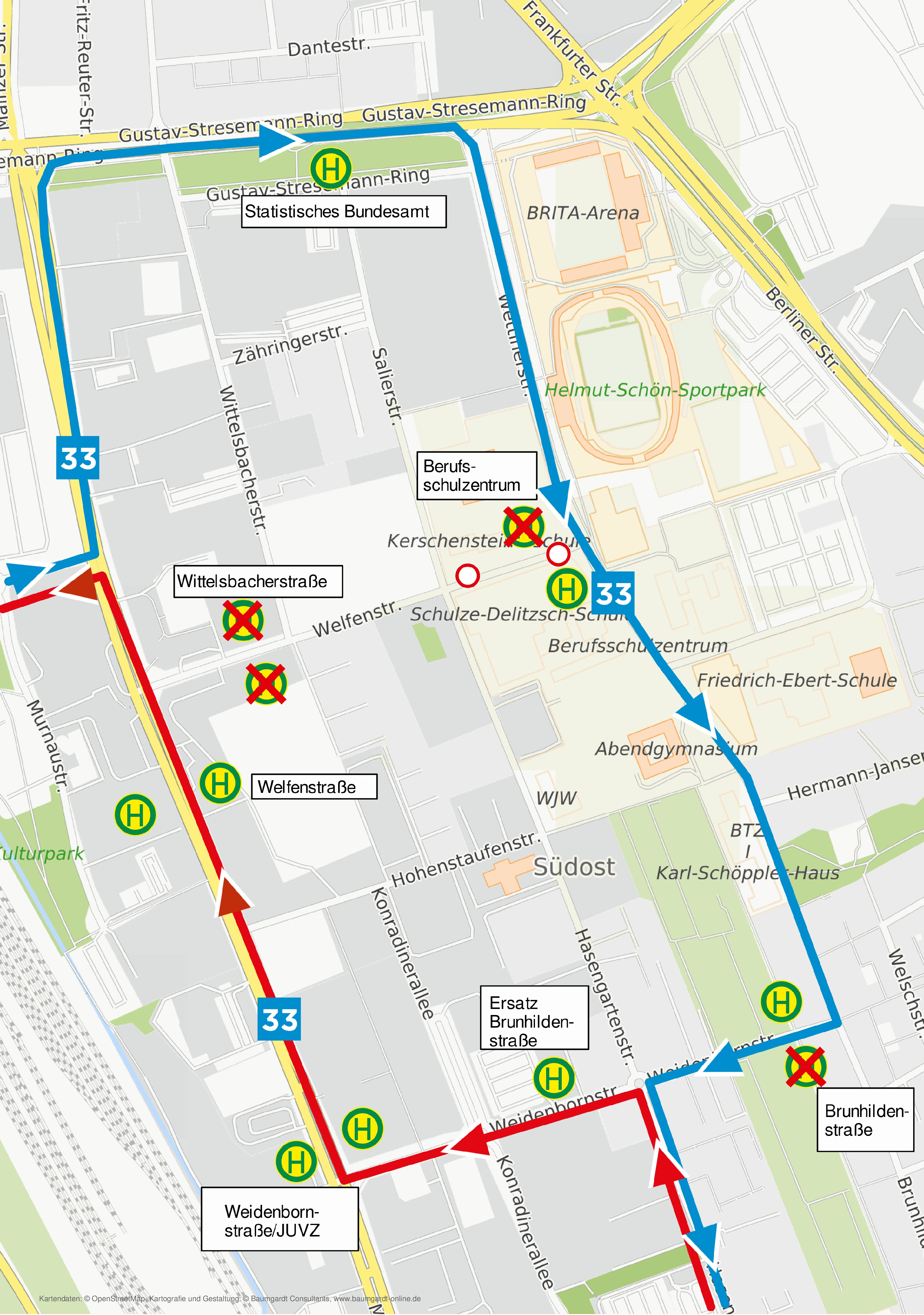 Umleitungsskizze der Linie 33 in Wiesbaden