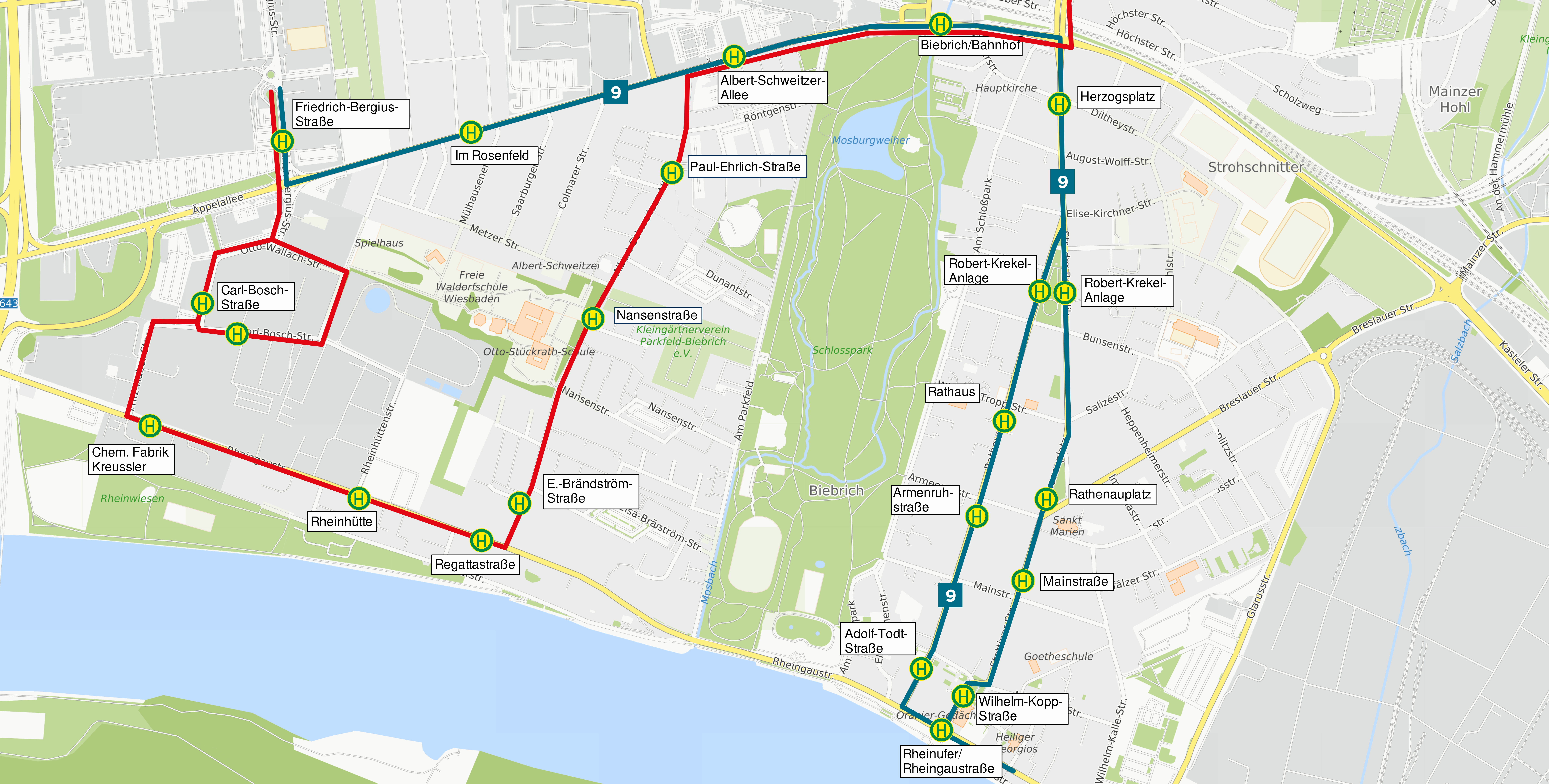 Umleitungsskizze der Linien 9 und 14 in Wiesbaden Biebrich zur Aktion Autofreies Rheinufer