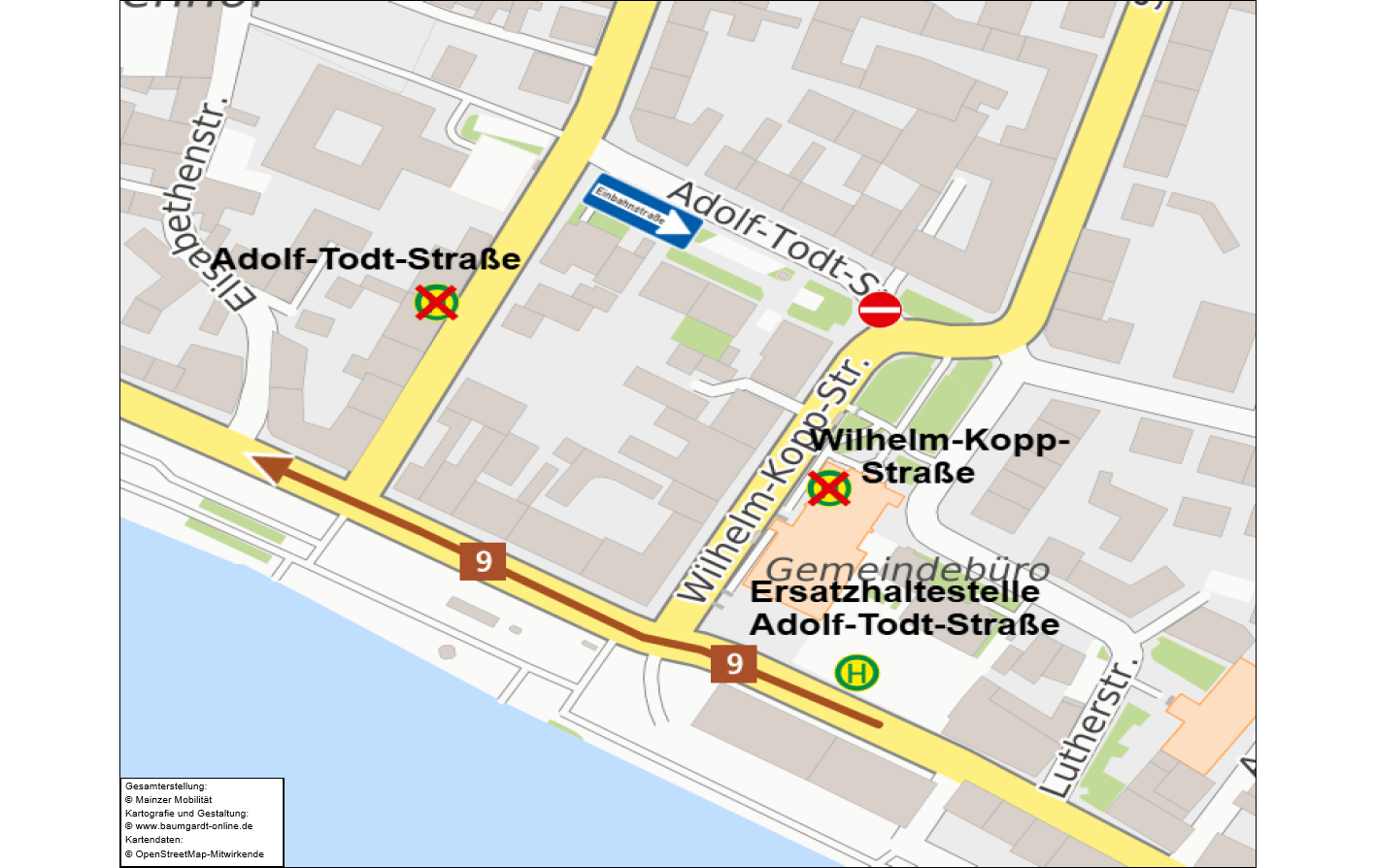 Umleitungsskizze der Linie 9 in Biebrich