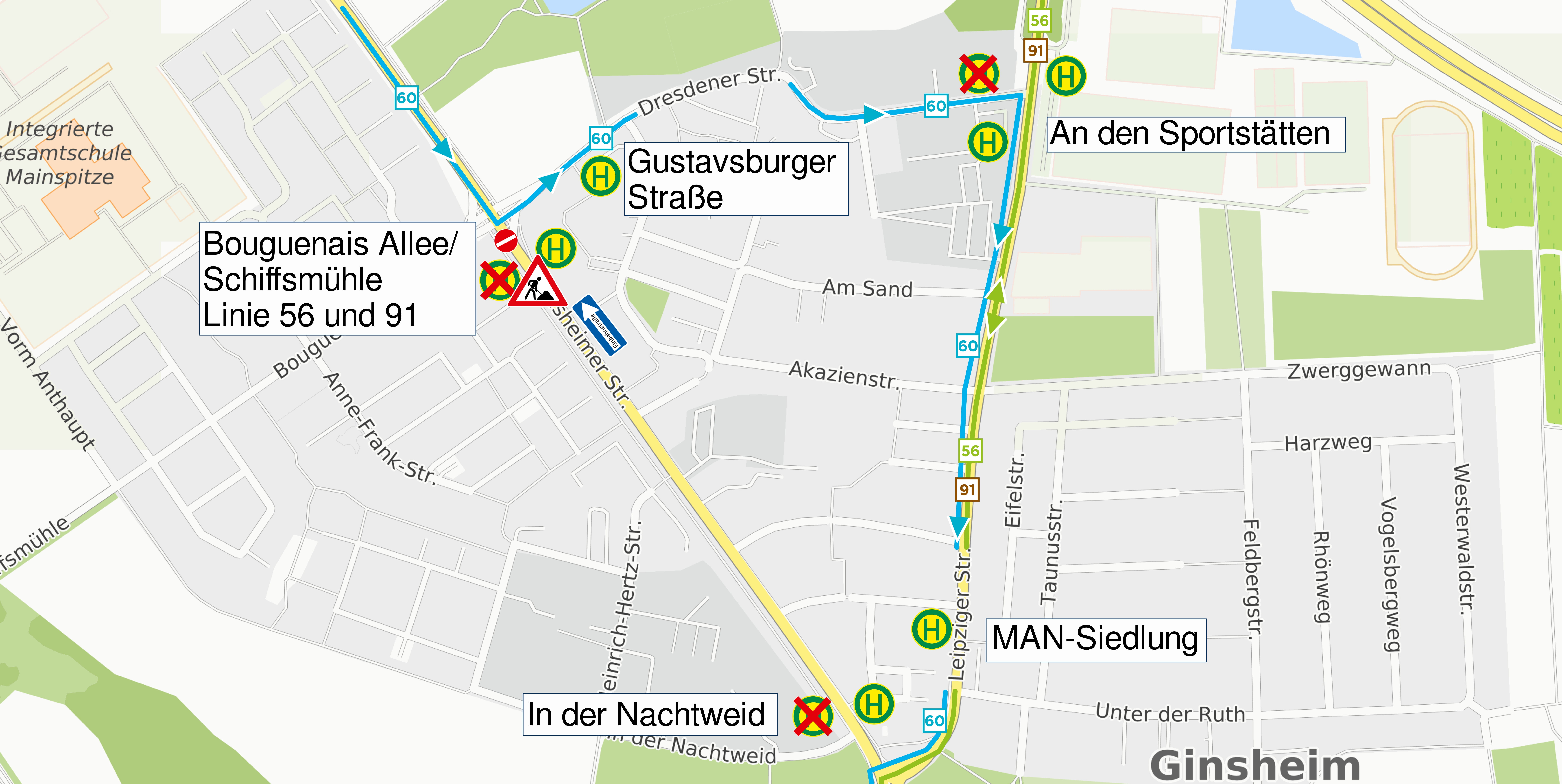 Umleitungsskizze der Linien 56, 60 und 91 in Ginsheim
