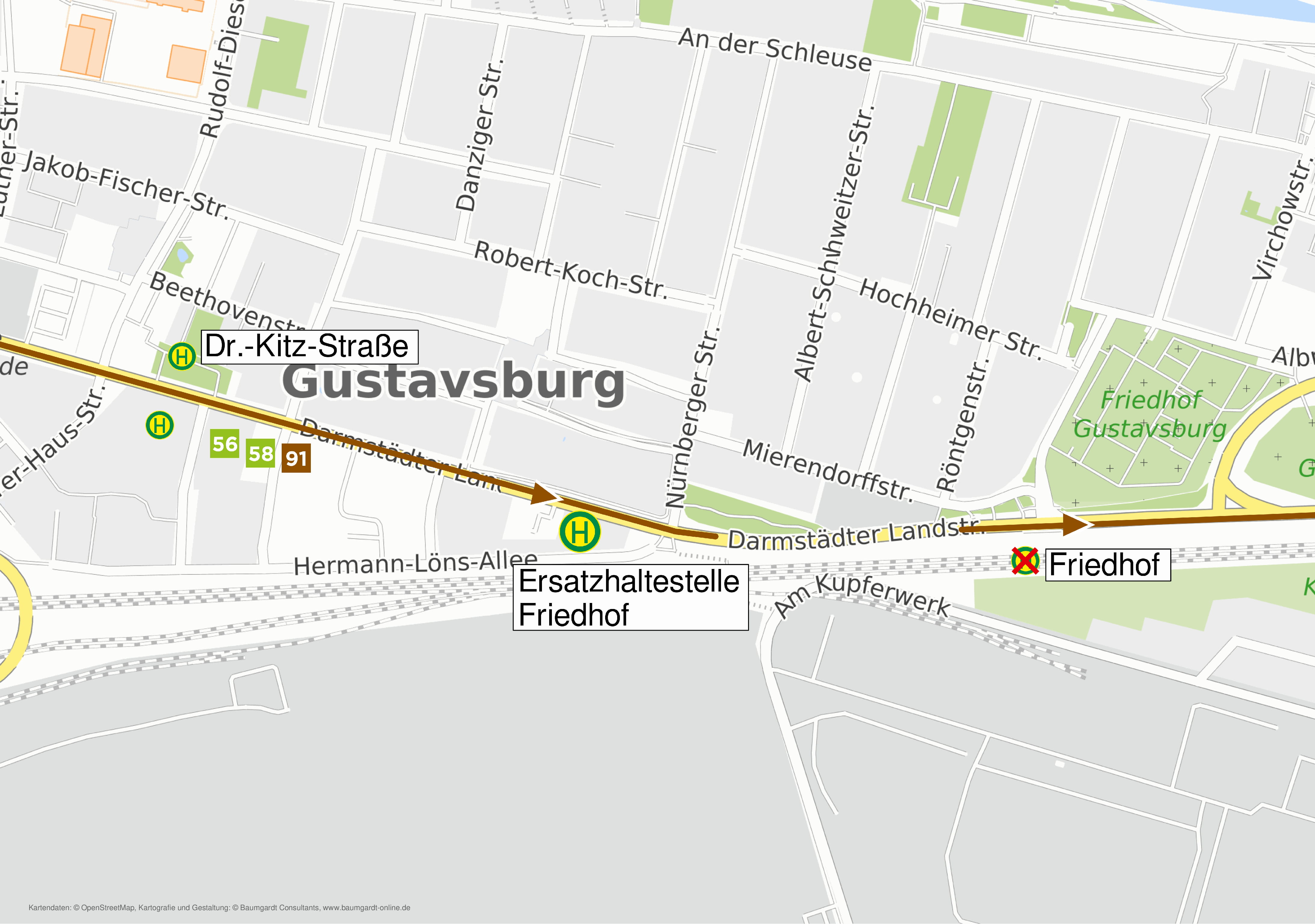 Skizze zur Ersatzhaltestelle Friedhof in Gustavsburg