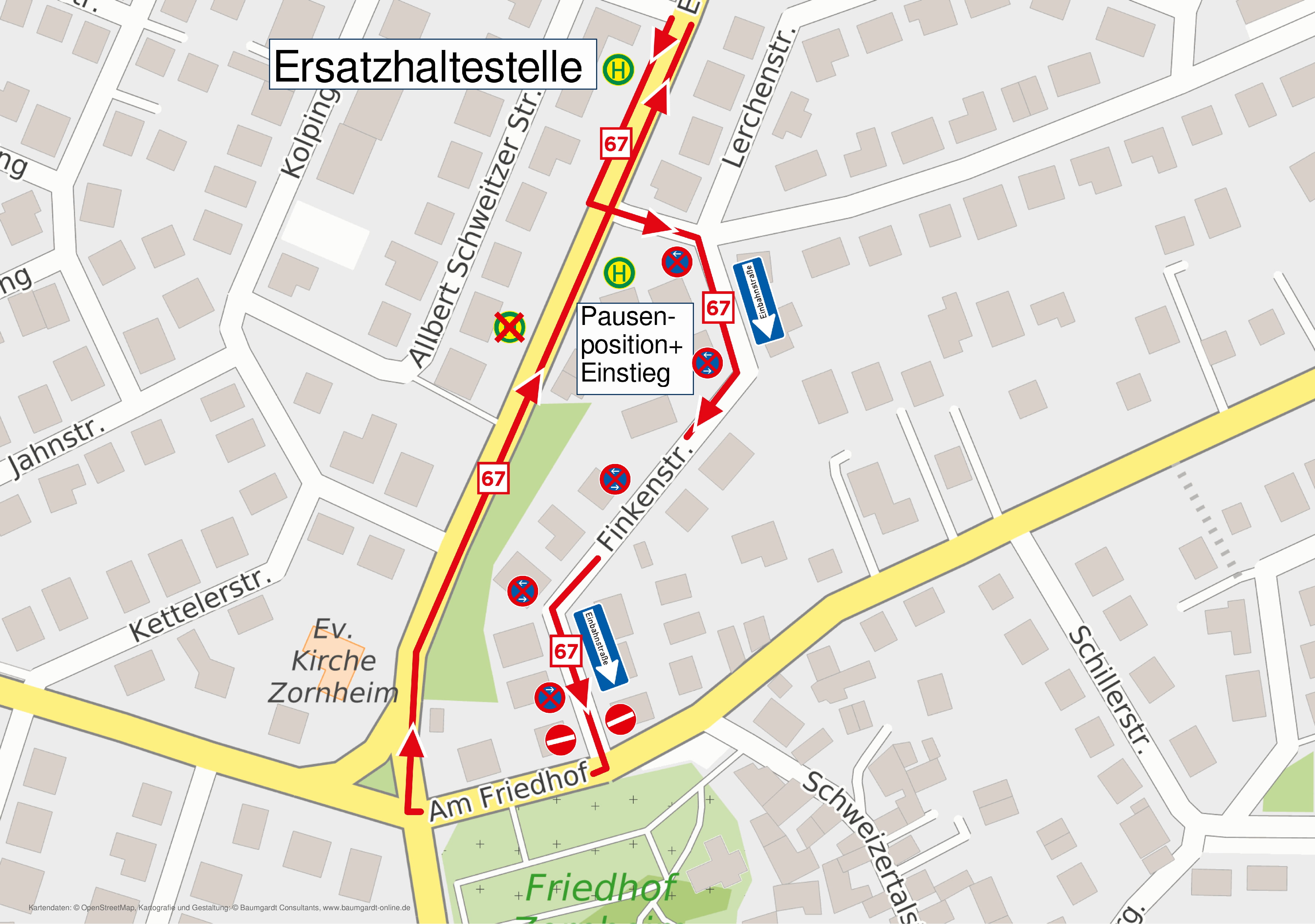 Umleitungsskizze in Zornheim für Linien 66 und 67
