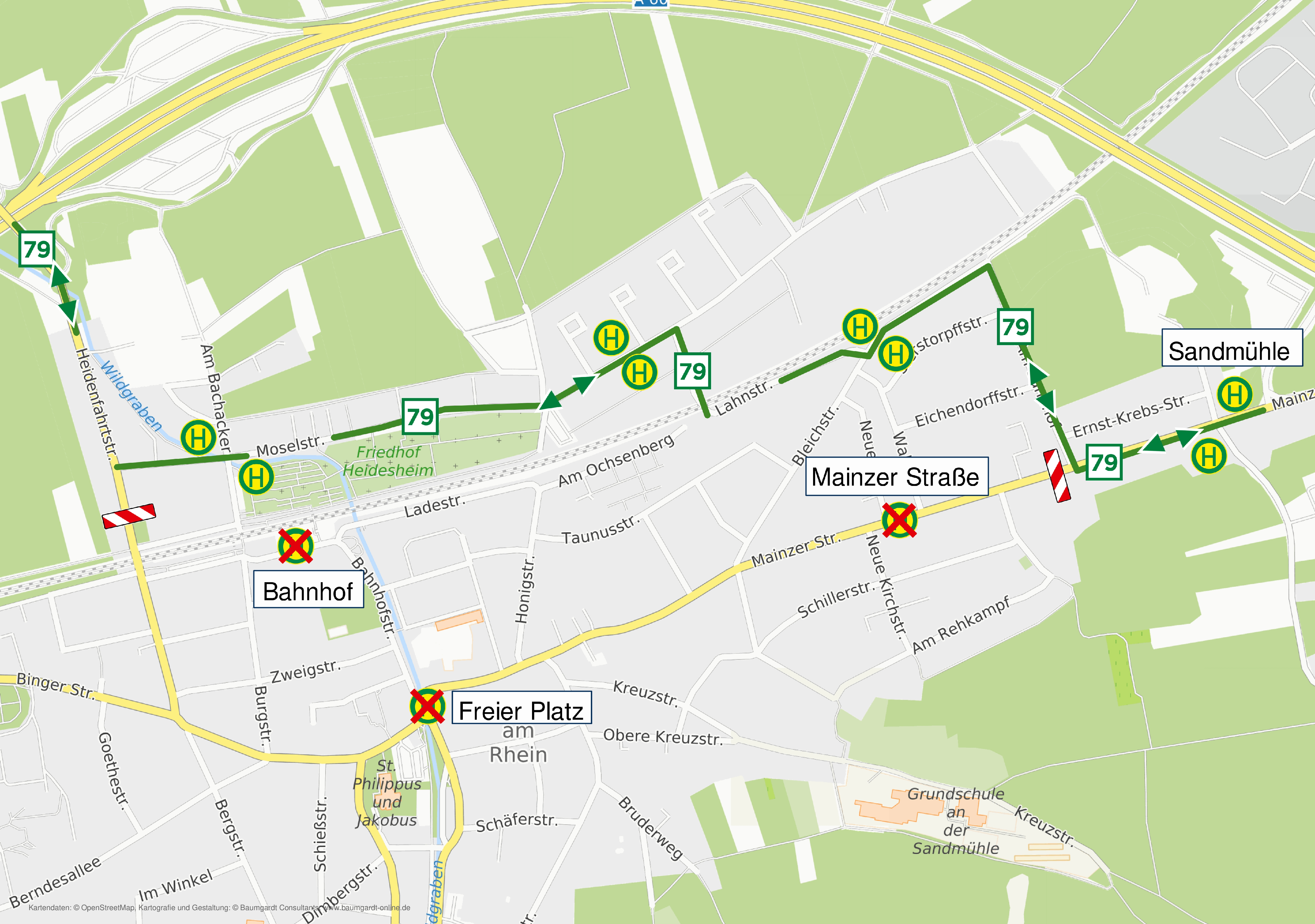 Umleitungsskizze Linie 79 zur Phase 2 des Heidesheimer Erntedankfestes