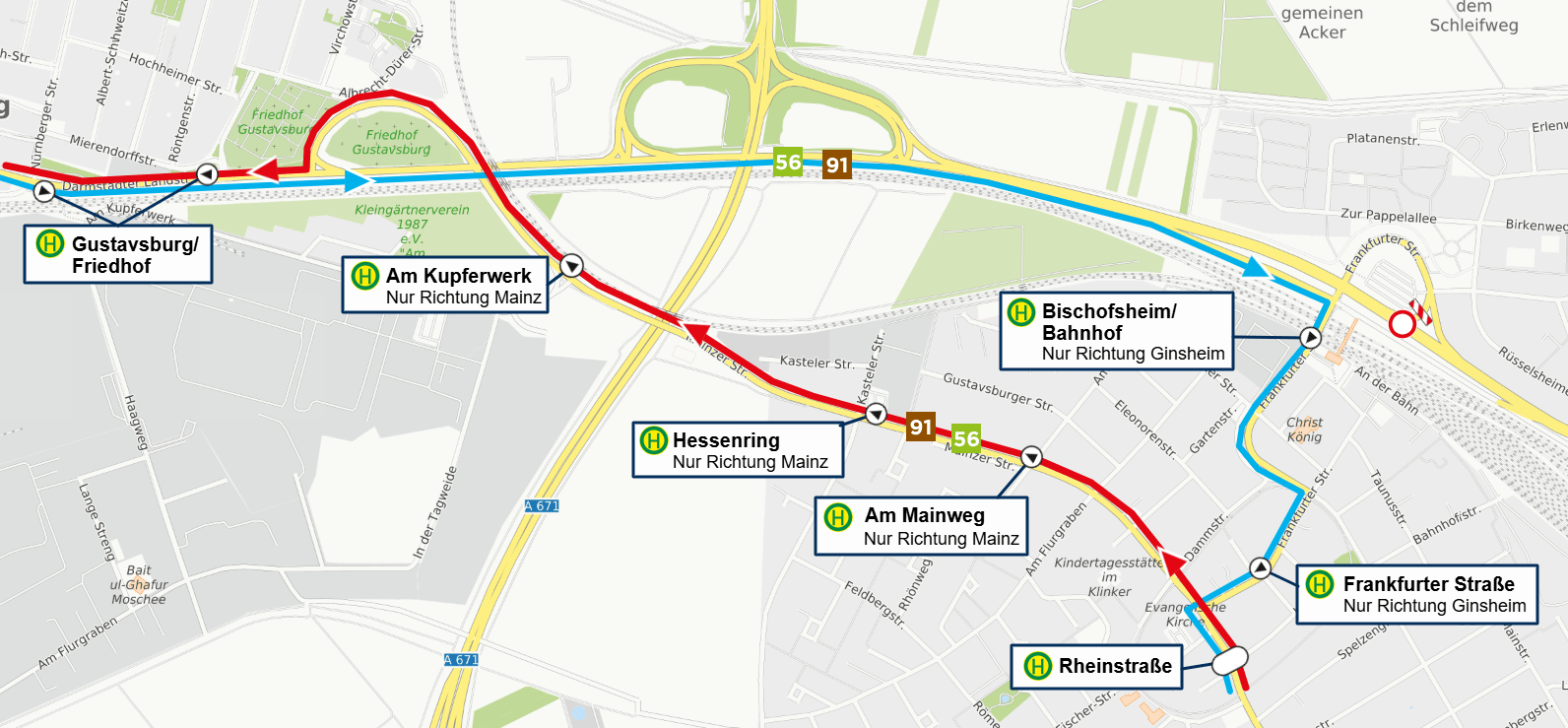 Umleitungsskizze der Linien 56 und 91 in Bischofsheim