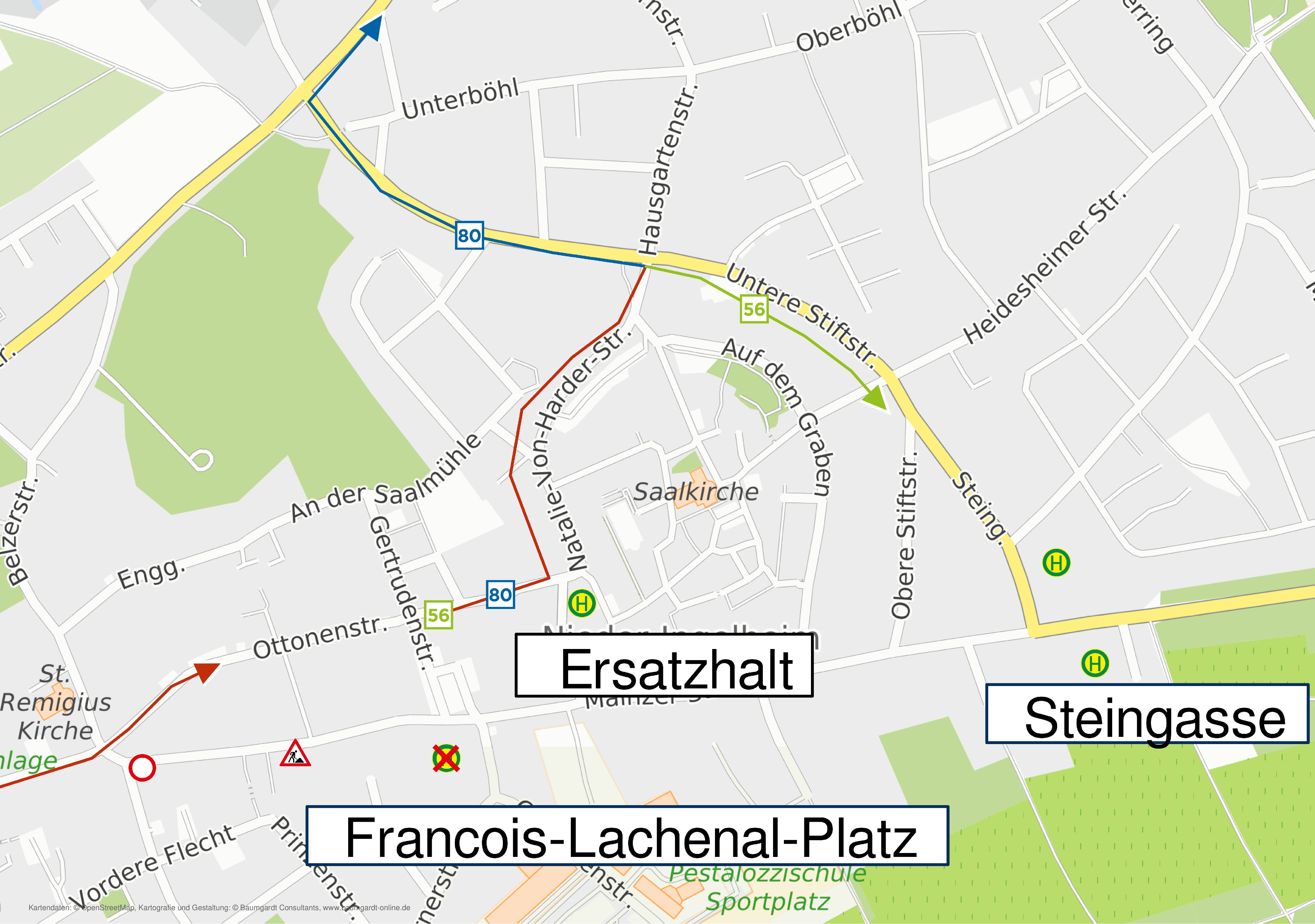 Umleitungsskizze Linien 56 und 80 in Ingelheim