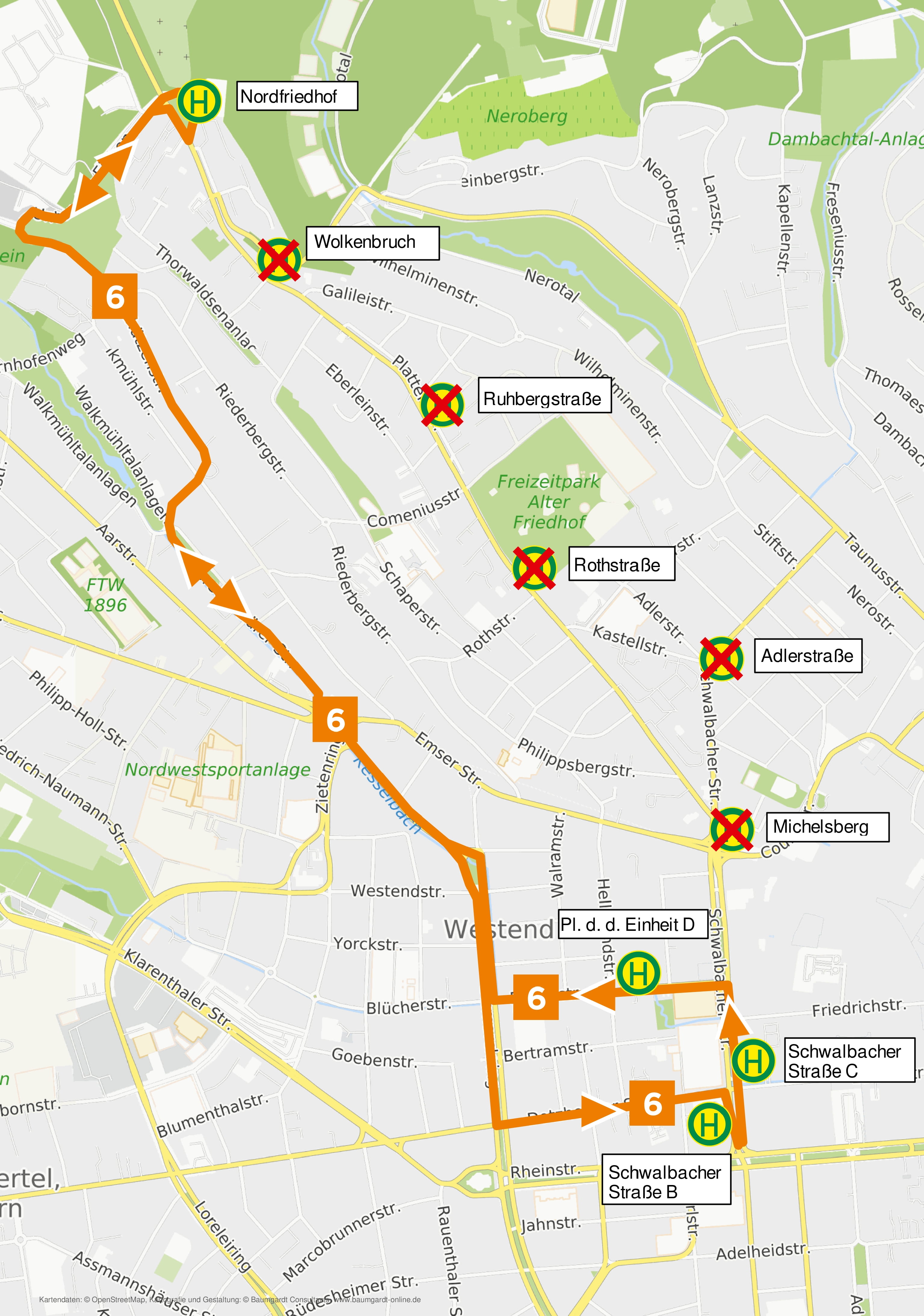 Umleitungsskizze der Linie 6 in Wiesbaden