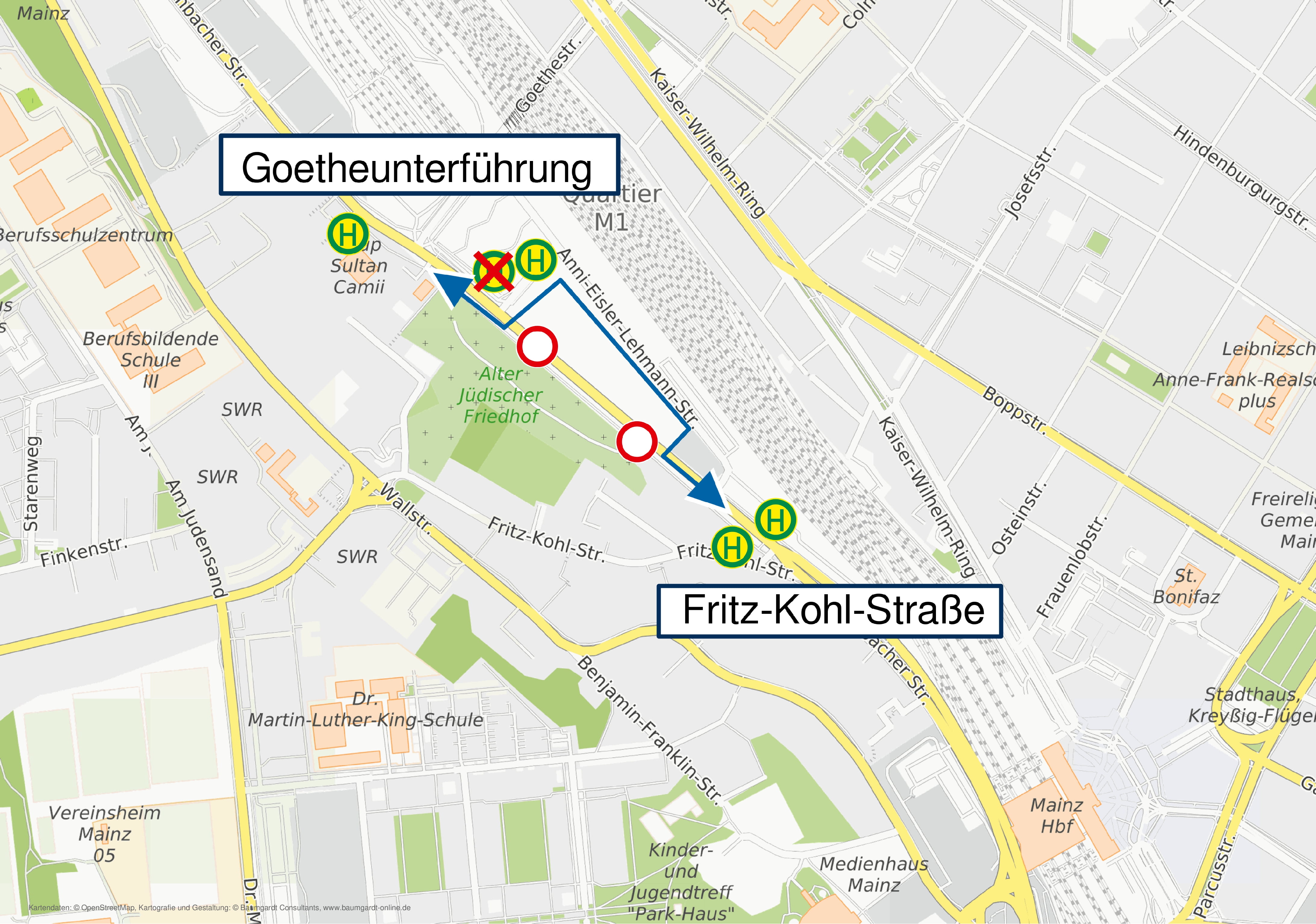 Umleitungsskizze der Linie 60 wegen Sperrung der Mombacher Strasse