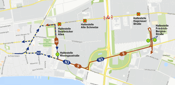 Umleitungsstrecke der Linie 9 in Schierstein