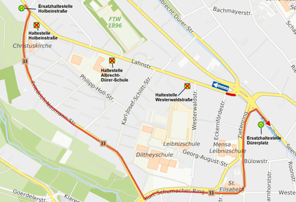 Umleitungsskizze der Linie 33 in Wiesbaden