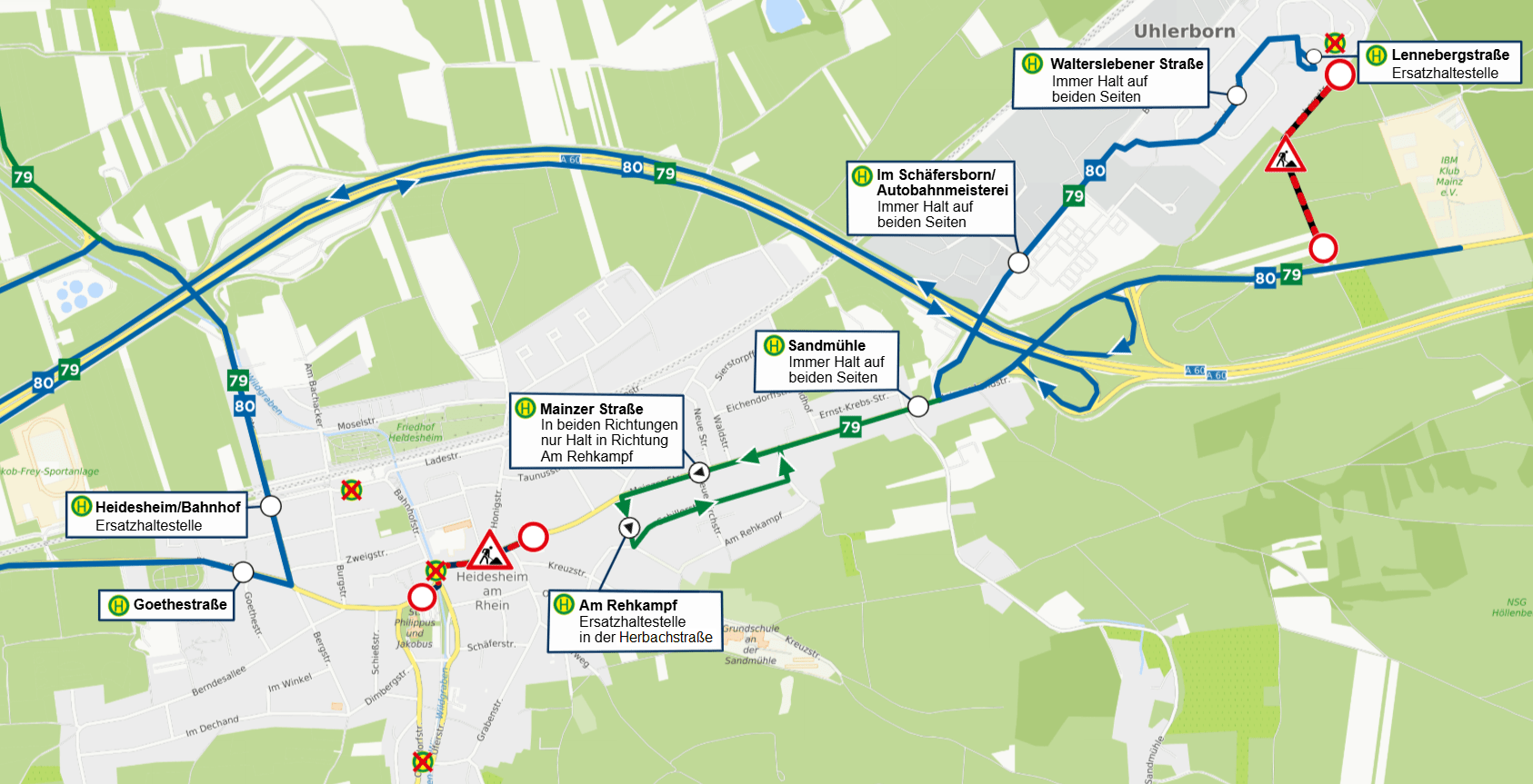Skizze der Umleitung der Linien 79 und 80 in Heidesheim und Uhlerborn