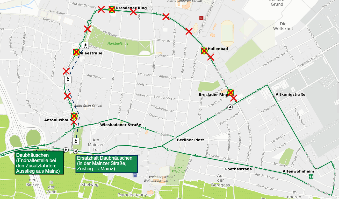 Skizze mit dem Fahrtweg der Linie 68 in Hochheim