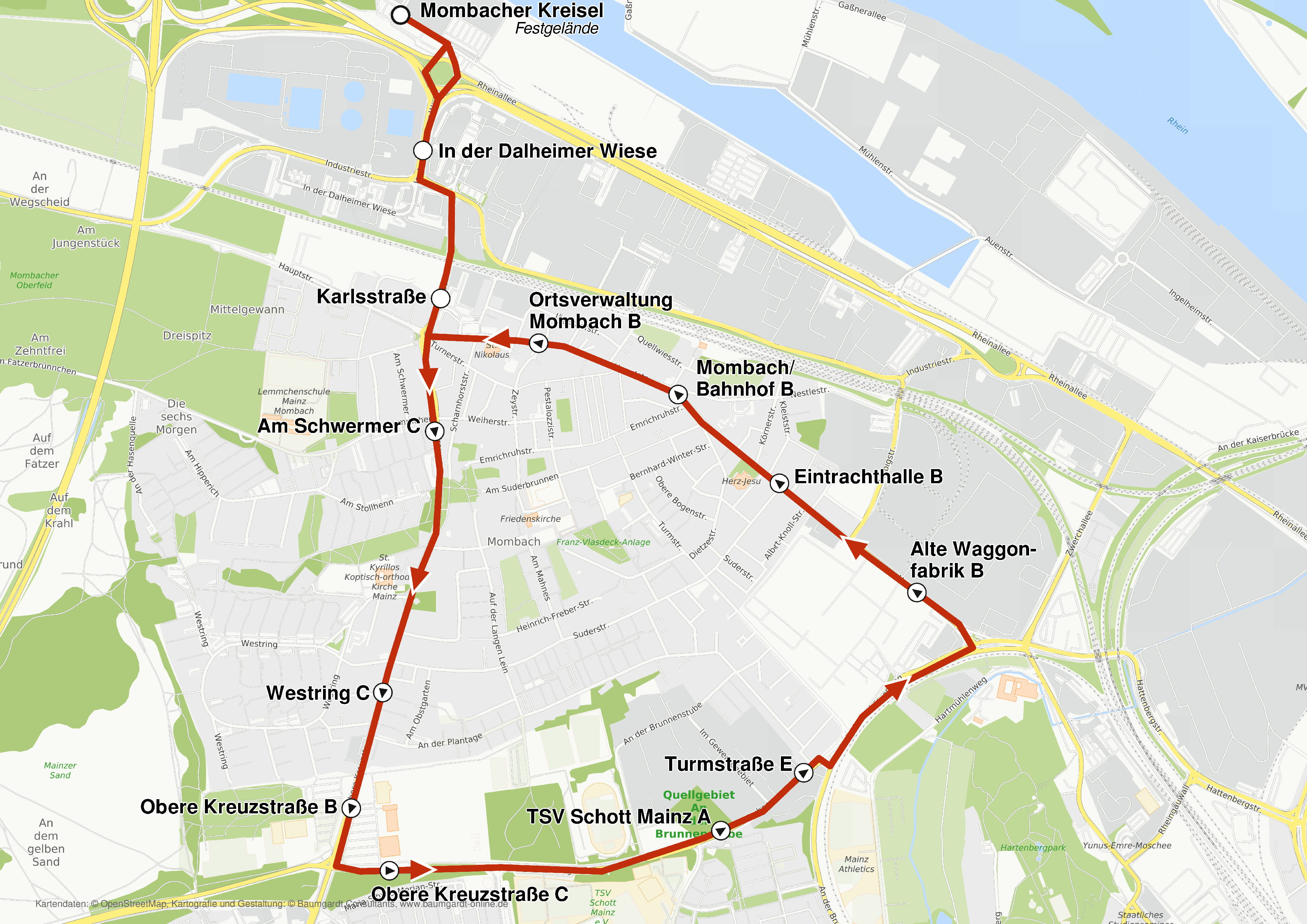 Skizze der Rundlinie E mit dem Linienweg