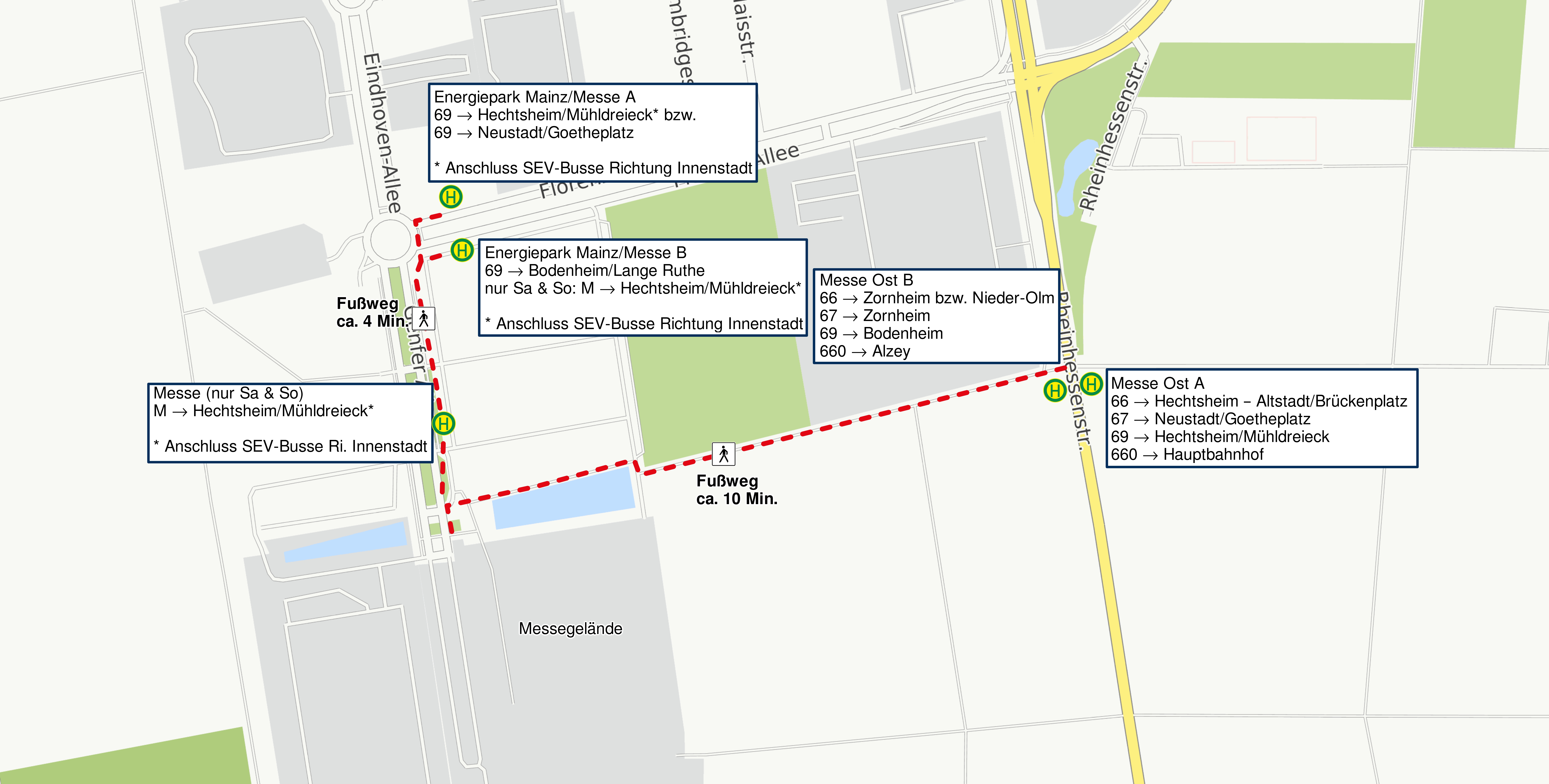 Skizze vom Messegelände und den umliegenden Haltestellen