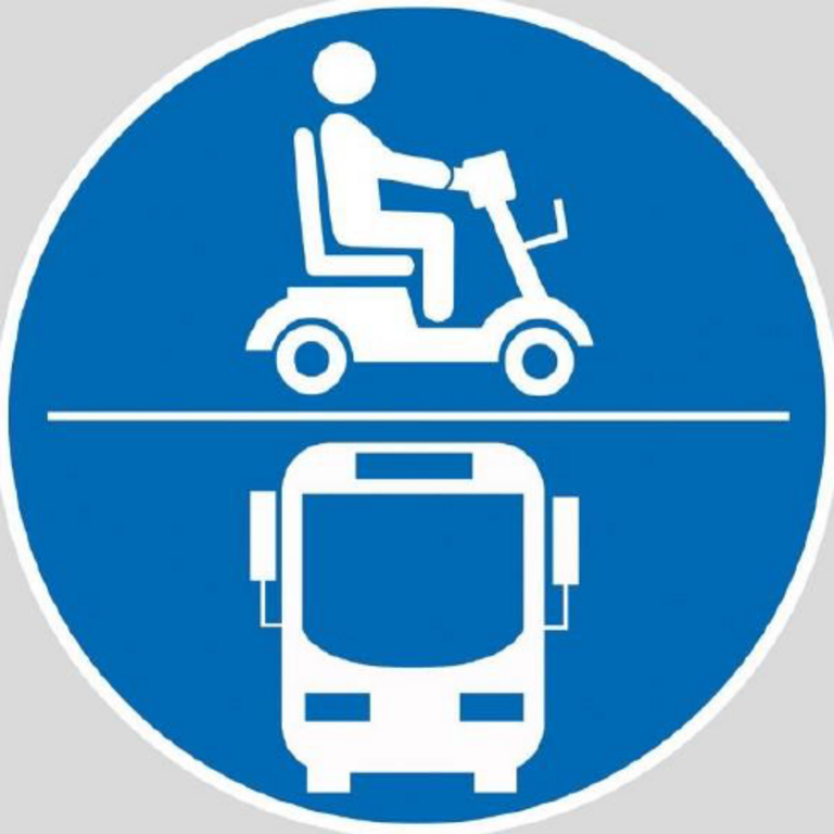 Hinweisschild zur Mitnahme von Rollstühlen und E-Scootern in Bussen und Straßenbahnen