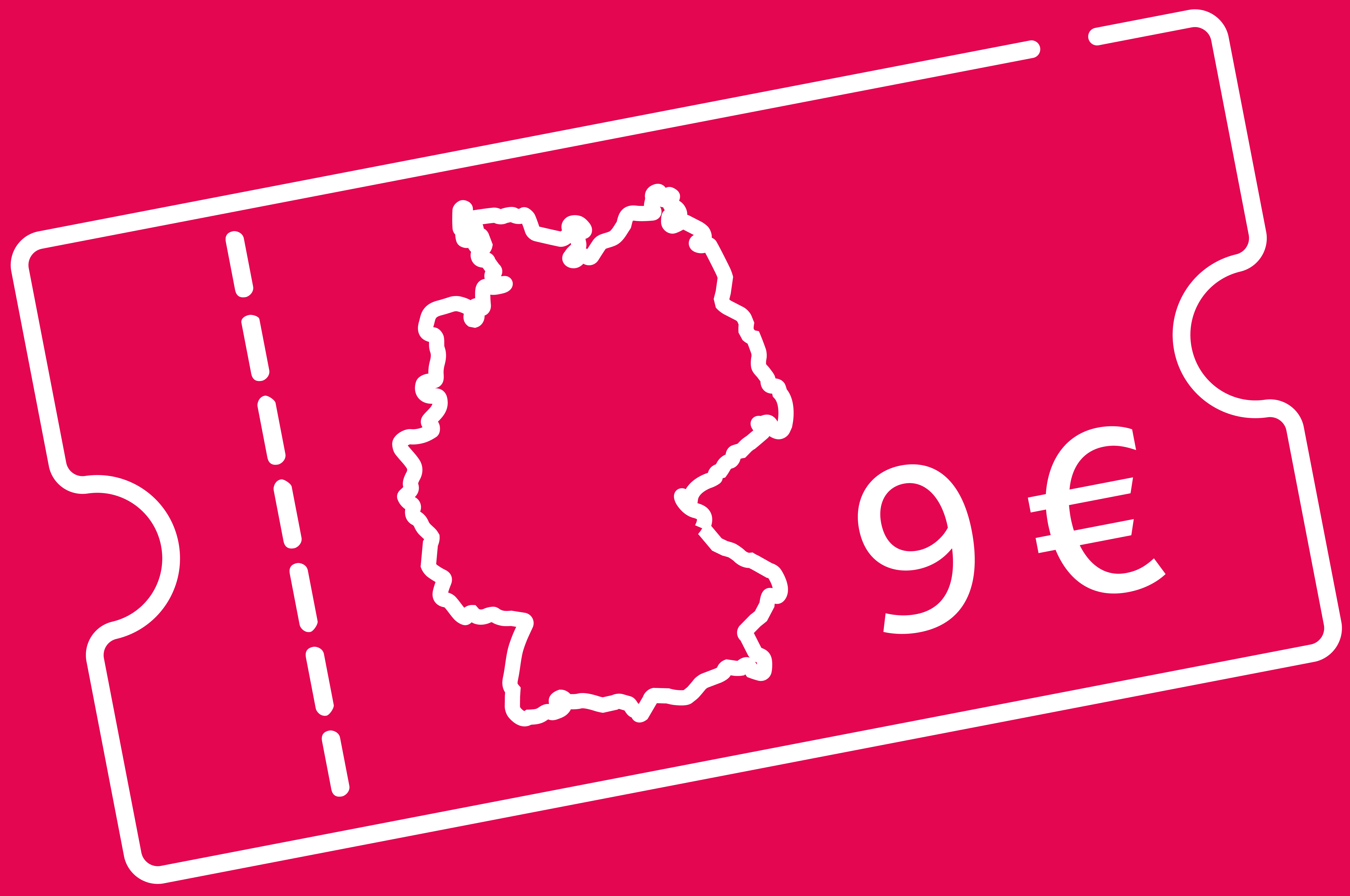 Bild mit einem Ticket, einer Deutschlandkarte und dem Preis von 9 Euro