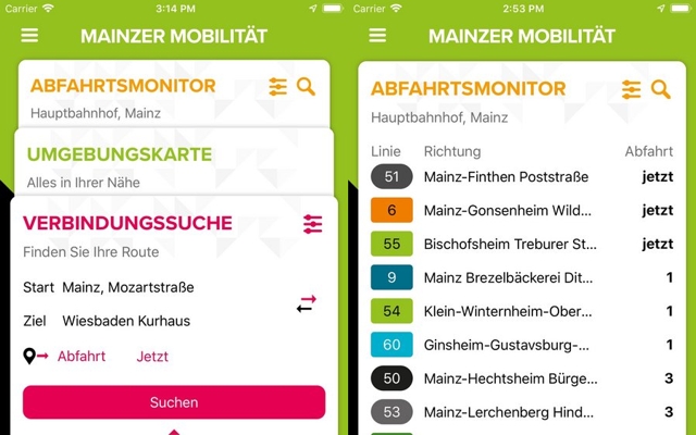 Ausschnitt der Smartphone-App "Mainzer Mobilität"