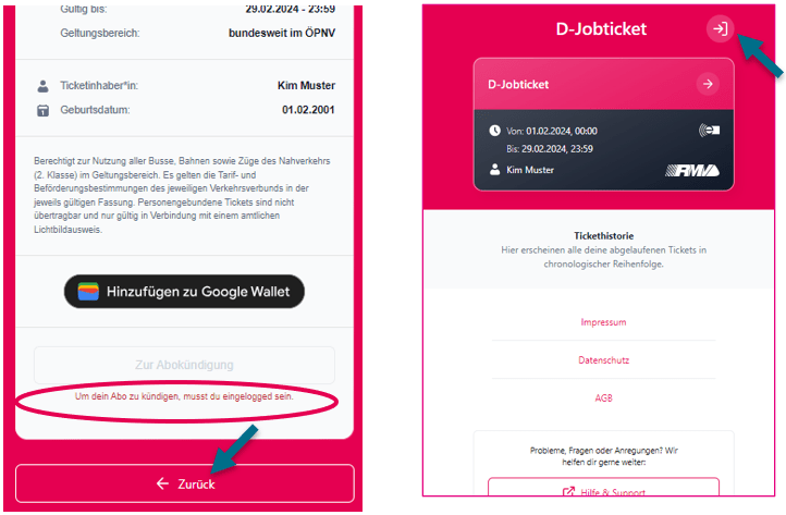Screenshot der Kündigung im Jobticket-Portal: Schritt 1 = Einloggen