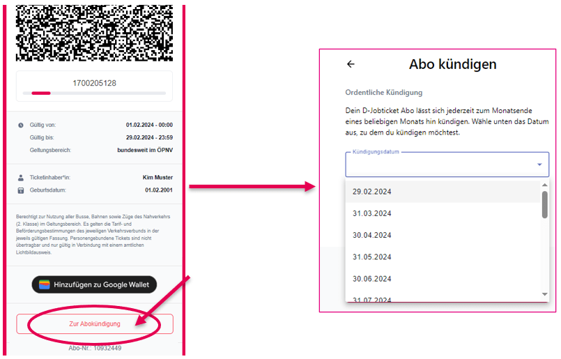 Screenshot der Kündigung im Jobticket-Portal: Schritt 2 = Abo kündigen