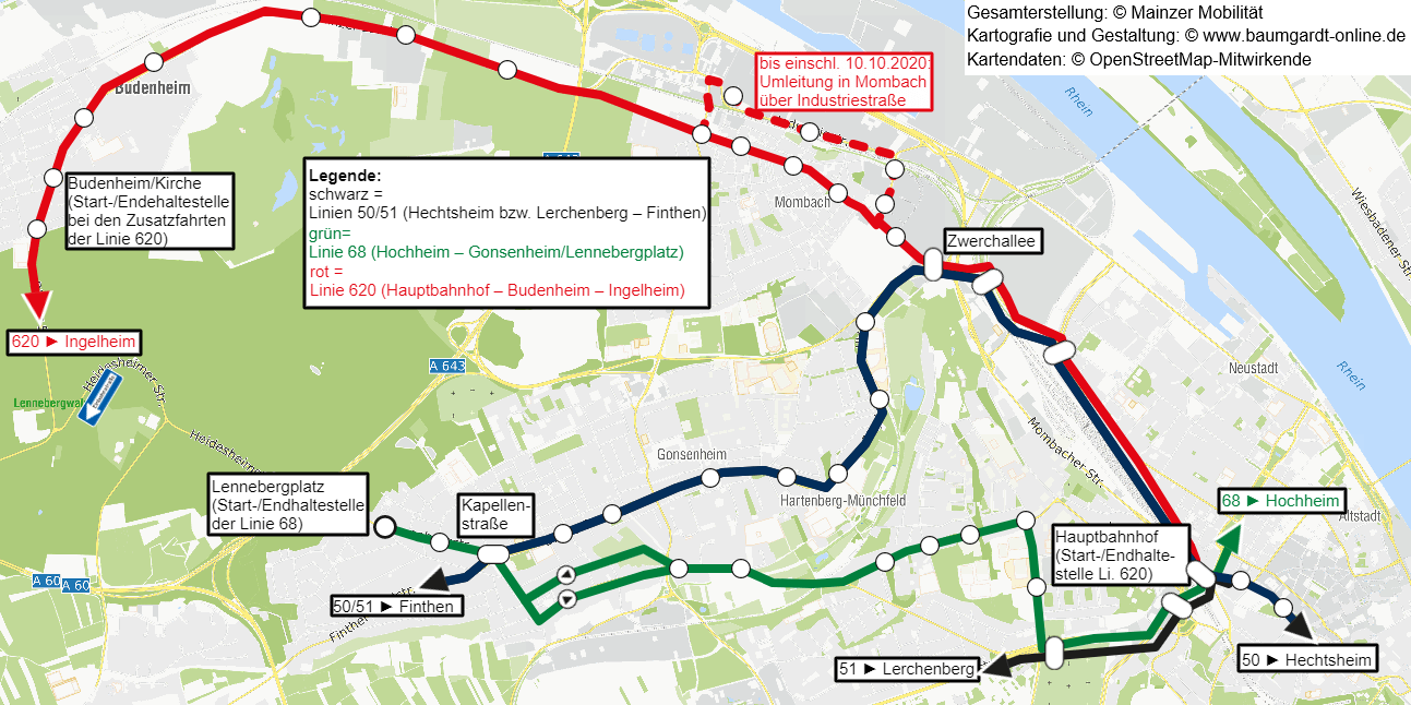 Skizze der Umleitungen der Linien 68 und 620