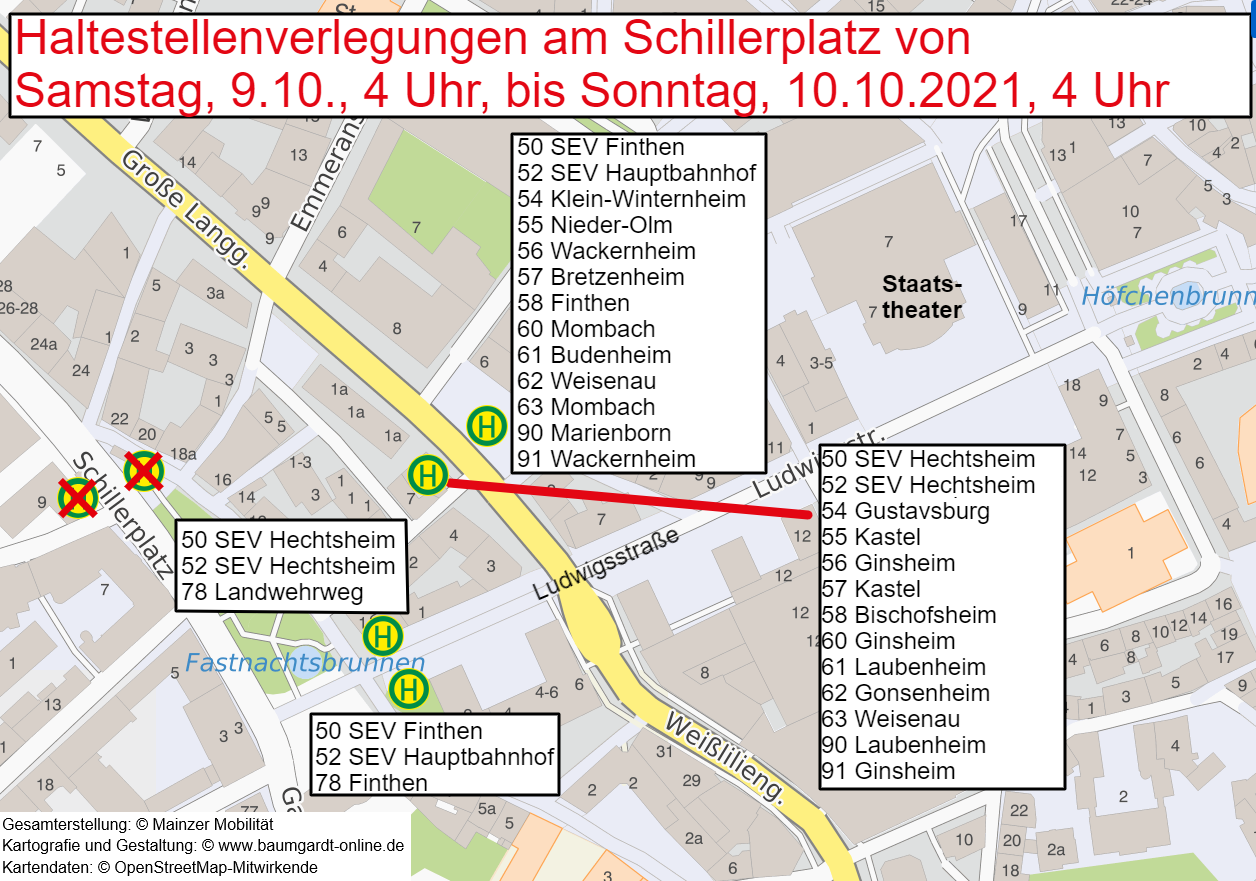 Skizze der Ersatzhaltestellen am Schillerplatz