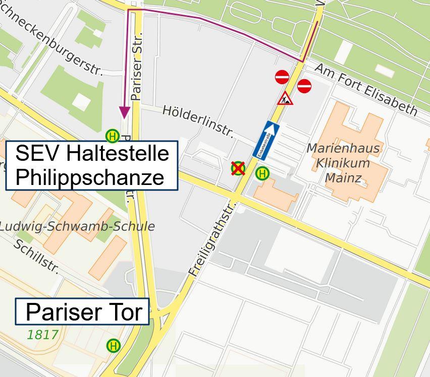 Nach bedienen der Haltestelle Eisgrubweg weiter bis Kreuzung Freiligrathstraße /Am Fort Elisabeth. Hier rechts und an der folgenden Lichtsignalanlage nach links auf Pariser Straße. Ab hier weiter zur Haltestelle Pariser Straße und auf den regulären Linienweg. Als Ersatz für die entfallene Haltestelle Marienhaus Klinikum wird in Richtung Bretzenheim die SEV Haltestelle Philippsschanze bedient.