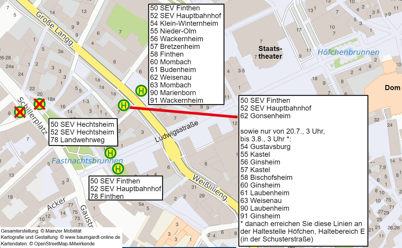 Skizze Ersatzhaltestellen Schillerplatz ab 20.07.2020